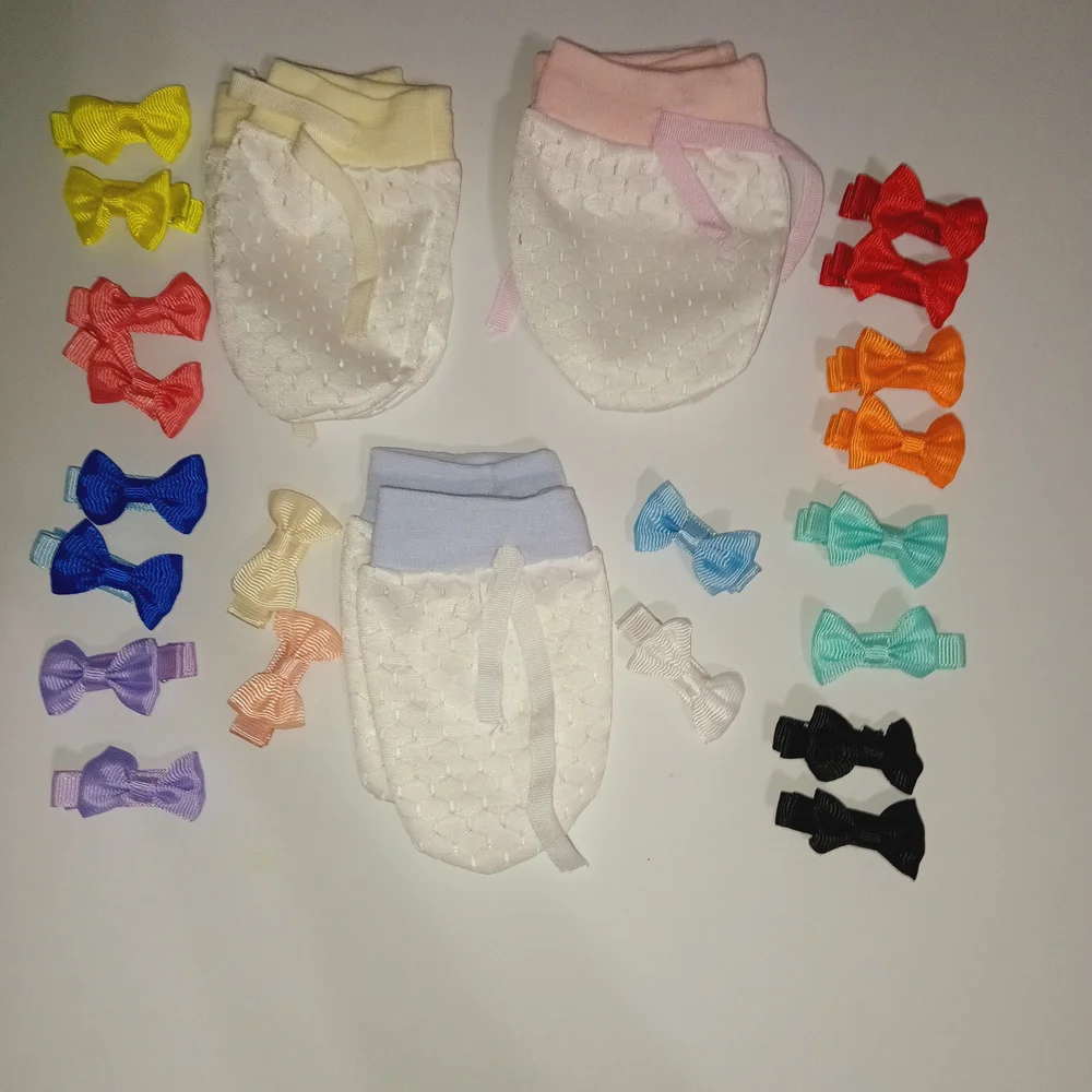 Baby Mittens and Bow Clip Set - Pastel White Mittens with Multi-Colored Bows